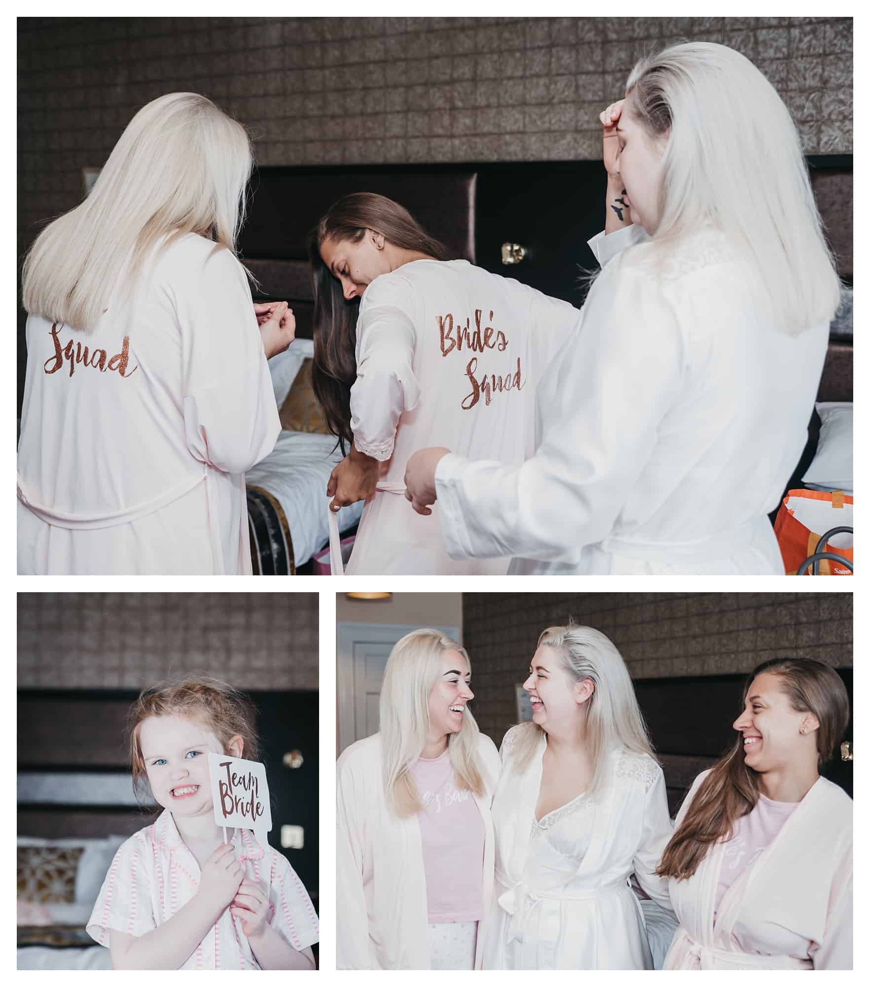 photo of brides maids with dressing gowns on that say brides maid squad, rogerthorpe manor