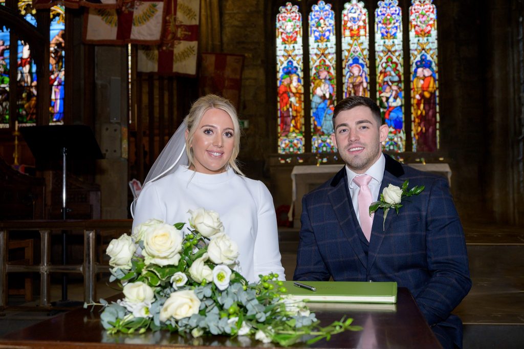 photo of bride and groom inside Halifax minster