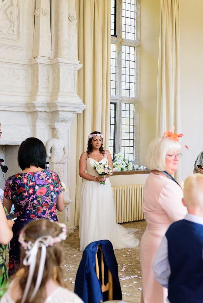 Bride arriving at service photograph Fountains Hall Rippon, Fountains Hall Rippon Photos, Fountains Hall Wedding photographer
