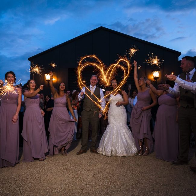 bride and groom, with sparklers in hands, Bunny Hill Farm